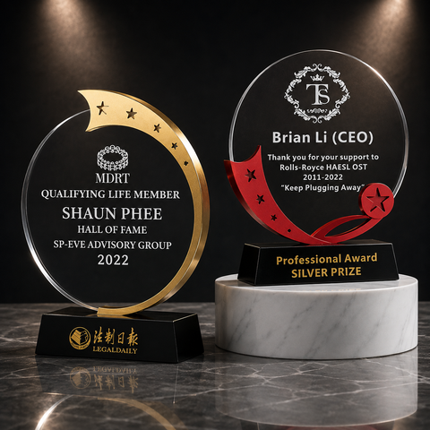 Twin Star Ring Crystal Award Set - custom crystal awards with your logo